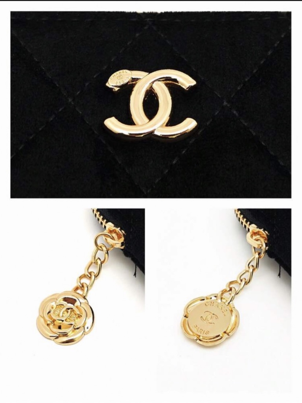 CHANEL Makeup Black Quilted Velvet Zip-Around Clutch with Gold CC Charm - Picture 6 of 9